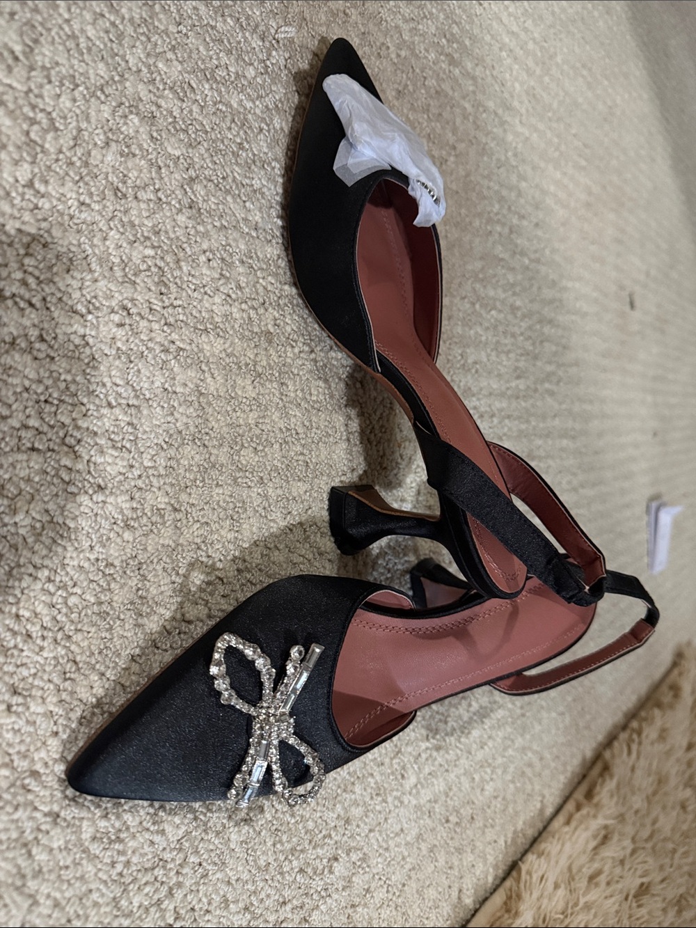 SHEIN Black Pointed-Toe Slingback Heels with Crystal Bow